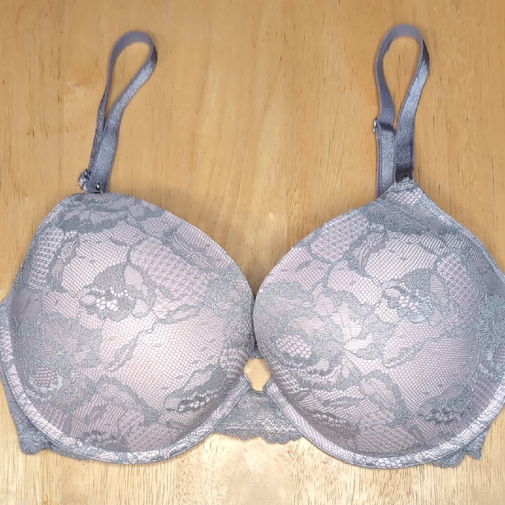 Like New Victoria's Secret Sparkly Silver/Pink Lace Biofit Demi Uplift Bra.